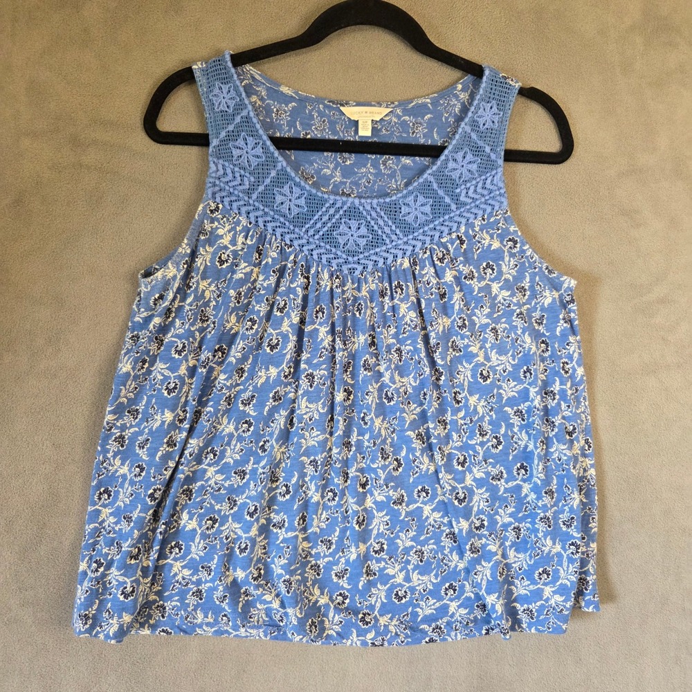 Lucky Brand Blue Floral Sleeveless Tank Top Women Small Crochet Boho Cottage